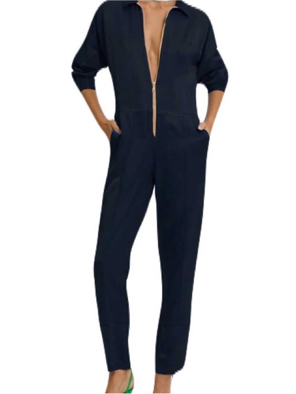 Cali by Cali Dreaming Large Navy Satin One Piece Flight Suit Jumpsuit Zip Front